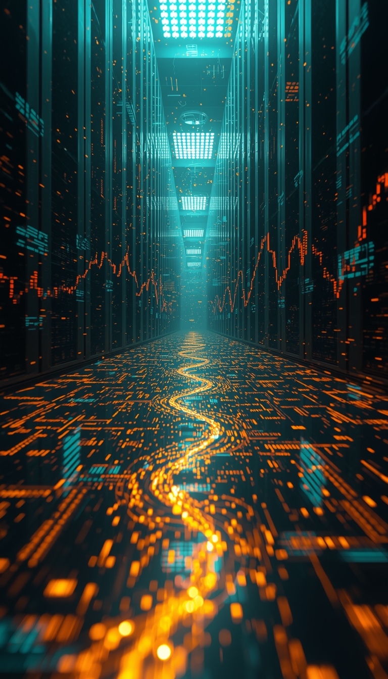 AI data visualization — golden code streams flowing through a digital data center